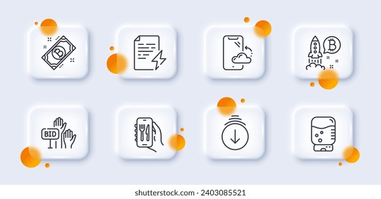 Bid offer, Scroll down and Power certificate line icons pack. 3d glass buttons with blurred circles. Smartphone cloud, Water cooler, Restaurant app web icon. Bitcoin project, Bitcoin pictogram. Vector