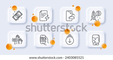 Bid offer, Scroll down and Power certificate line icons pack. 3d glass buttons with blurred circles. Smartphone cloud, Water cooler, Restaurant app web icon. Bitcoin project, Bitcoin pictogram. Vector