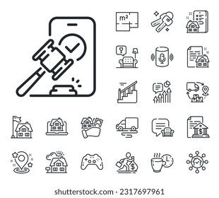 Signo de oferta. Plano del suelo, escaleras y iconos del contorno del salón. Icono de línea de subasta. Símbolo del trato de martillo. Señal de la línea de subasta. hipoteca de vivienda, ícono de la venta de edificio. Inmobiliaria. Vector