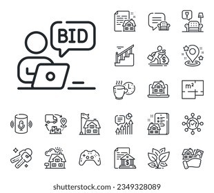 Bid offer sign. Floor plan, stairs and lounge room outline icons. Online auction line icon. Raise the price up symbol. Online auction line sign. House mortgage, sell building icon. Real estate. Vector