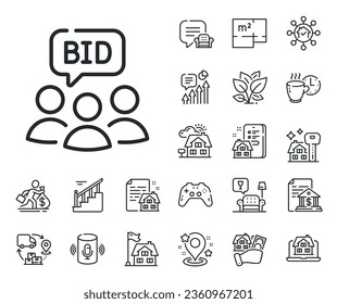 Bid offer sign. Floor plan, stairs and lounge room outline icons. Auction line icon. Raise the price up symbol. Auction line sign. House mortgage, sell building icon. Real estate. Vector