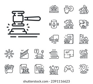 Bid offer sign. Floor plan, stairs and lounge room outline icons. Auction hammer line icon. Lot was sold symbol. Auction hammer line sign. House mortgage, sell building icon. Real estate. Vector