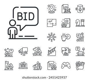 Bid offer sign. Floor plan, stairs and lounge room outline icons. Auction line icon. Raise the price up symbol. Auction line sign. House mortgage, sell building icon. Real estate. Vector