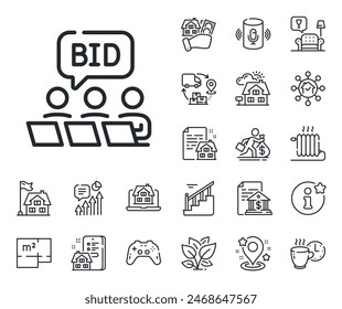 Bid offer sign. Floor plan, stairs and lounge room outline icons. Online auction line icon. Raise the price up symbol. Online auction line sign. House mortgage, sell building icon. Real estate. Vector