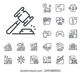 Signo de oferta. Iconos de contorno de Plan de planta, escaleras y salón. Icono de línea de martillo de subasta. Lote fue vendido como símbolo. Signo de línea de martillo de subasta. Hipoteca de la casa, vender icono del edificio. Bienes raíces. Vector