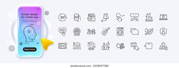 Bid offer, Wall lamp and Mattress line icons for web app. Phone mockup gradient screen. Pack of Piggy bank, Internet downloading, Check investment pictogram icons. Vector