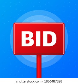 BID realistic red table on blue background. Vector illustration.