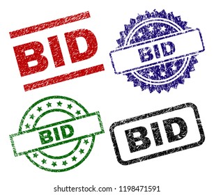 BID seal prints with corroded surface. Black, green,red,blue vector rubber prints of BID title with corroded style. Rubber seals with round, rectangle, rosette shapes.