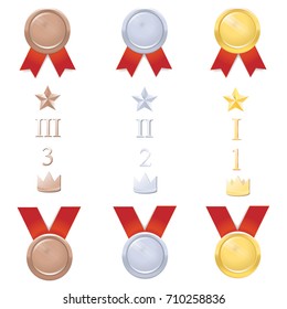 Bid set of gold, silver and bronze medals with red ribbon. Stars, places, crowns.  Vector illustration