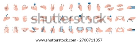 Bid set of hands showing gestures, emotions, and actions. Communication, body language, and expression concept. Trendy modern vector illustration isolated on white background, hand drawn, flat design