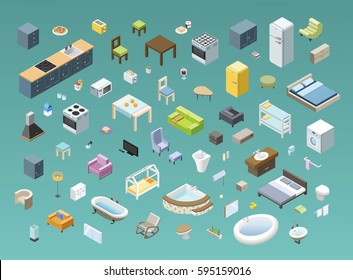 Bid set of vector isometric furniture for bathroom, living room, bedroom, kids, kitchen, interior design home icons, 3d flat house object, electric equipment  