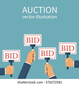 Bid sign in hand of people. Auction meeting. Business bidding process concept. Vector illustration flat design. Isolated on background. Template for open trade. Many offers good prices. Competition.