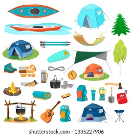 Bid vector set of hiking equipment in flat catroon style. Camping elements. Tents, kayaks, backpacks, camp fire, hammock, rope, boots, sleeping bag, axe, chair, hiking sticks etc.