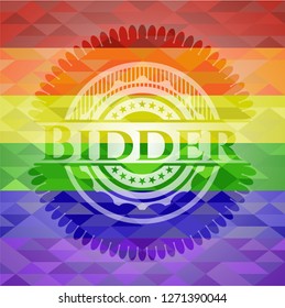 Bidder emblem on mosaic background with the colors of the LGBT flag
