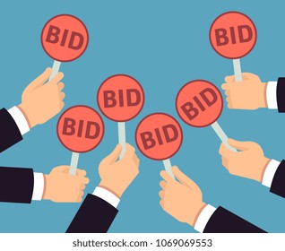 Bidder hands holding auction paddle. Buyer business vector concept. Auction and bidder, business buy auctioning illustration