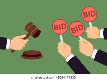 Bidders human arms holding bid paddle and auctioneer hand with gavel. Auction bidding and justice vector concept. Illustration of bidder on auction, hand hold plate with bid