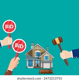 Bidding auction concept. Holding a sign Bid. Business sales. Buying selling house from auction. Auctioneer hold in hand gavel. Vector illustration in flat design