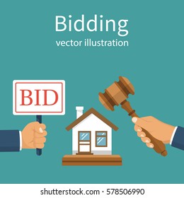 Bidding auction concept. Holding a sign "Bid". Business sales. Buying selling house from auction. Auctioneer hold in hand gavel. Vector illustration flat design. Isolated on background.