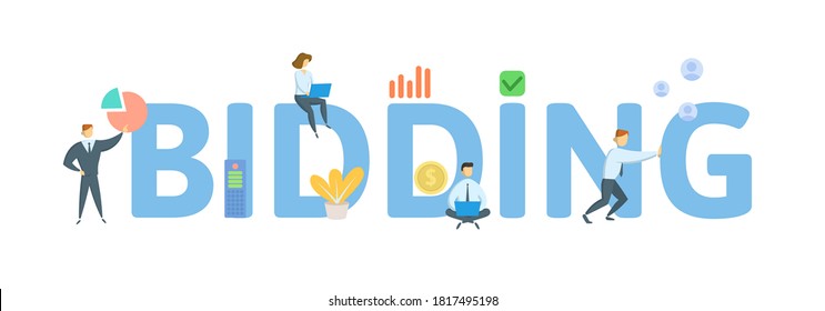 Bidding. Concept with keyword, people and icons. Flat vector illustration. Isolated on white background.