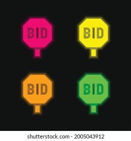 Bidding four color glowing neon vector icon