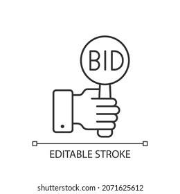 Bidding linear icon. Offering highest price to win. Bargaining for item. Auction participants. Thin line customizable illustration. Contour symbol. Vector isolated outline drawing. Editable stroke