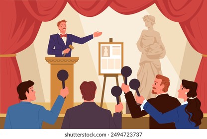 Bidding process on public auction, auctioneer with gavel selling artwork to crowd of customers. Buyers with bid paddle offer prices for valuable art museum product cartoon vector illustration