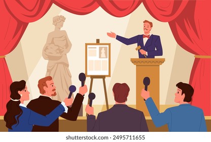 Bidding process on public auction, auctioneer with gavel selling artwork to crowd of customers. Buyers with bid paddle offer prices for valuable art museum product cartoon