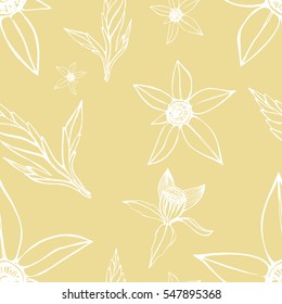 Bidens. Seamless pattern. White on a beige background. Suitable for packing, Wallpaper, printing, cosmetics, Soaps. Vector illustration