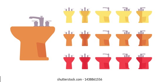 Bidet bright bathroom set. Washing basin, toilet seat for hygiene, individual sanitary, cleaning in restroom. Vector flat style cartoon illustration isolated, white background, different views, colors