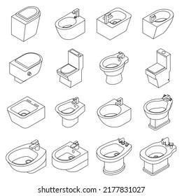 Bidet icons set. Isometric set of bidet vector icons thin line outline on white isolated