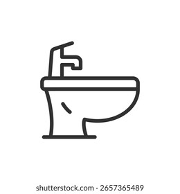 Icono lineal de bidé. Representa la higiene, el accesorio de baño, el dispositivo sanitario o la limpieza personal. Trazo editable.
