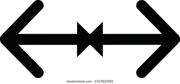 A bidirectional arrow with a cross symbol in the middle indicating restricted passage or conflict. Vector