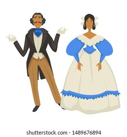 Biedermeier style, man in jacket and gloves, woman in ball gown vector. Ancient fashion, couple or family, traditional clothes, corset dress and neckerchief. Lace and bow in hair, vintage suit