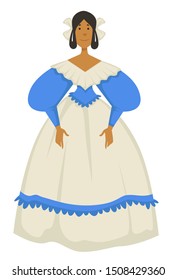 Biedermeier style, woman in ball gown, German ancient fashion isolated female character vector. Vintage clothes, corset dress with frill and decollete. Lace and bows in hair, retro clothing, princess