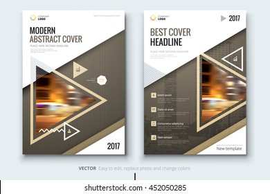 Biege Annual report cover design. Corporate business template for brochure, catalog, magazine. Layout with modern triangle photo and abstract triangle shapes. Creative poster, flyer or banner concept