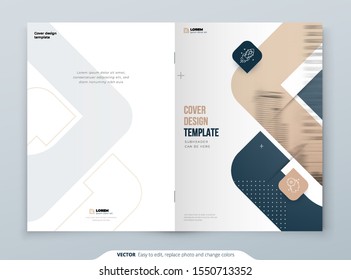 Biege Brochure Design. A4 Cover Template for Brochure, Report, Catalog, Magazine. Brochure Layout with Bright Color Shapes and Abstract Photo on Background. Modern Brochure concept