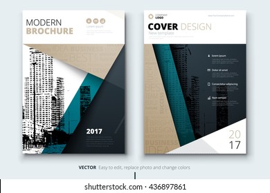 Biege cover design for brochure. Creative poster, booklet, leaflet or flyer concept. Corporate business template for report, catalog, magazine. Layout with modern flat ribbons and urban style photo. 
