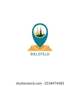 Mapa de la ciudad de Bielefeld Pin Point Geolocalización Vector de horizonte moderno icono de logotipo aislado ilustración. Emblema de puntero de Alemania con Lugares famosos y siluetas de construcción