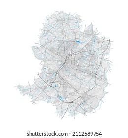 Bielefeld, North Rhine-Westphalia, Germany high resolution vector map with city boundaries and editable paths. White outlines for main roads. Many detailed paths. Blue shapes and lines for water.