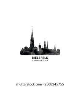 Bielefeld panorama, vector badge, skyline logo and icon. Germany city horizon logotype with landmarks and building silhouettes. Isolated foggy abstract gradient graphic