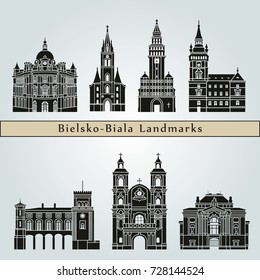 Bielsko-Biala landmarks and monuments isolated on blue background in editable vector file