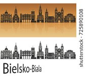 Bielsko-Biala skyline in orange background in editable vector file