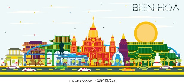Bien Hoa Vietnam City Skyline with Color Buildings and Blue Sky. Vector Illustration. Business Travel and Tourism Concept with Historic Architecture. Bien Hoa Cityscape with Landmarks.