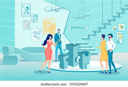 Biennale International Contemporary Art Exhibition Vector Illustration. Cartoon People In Modern Gallery. Woman Show Abstract Sculpture And Cubism Paintings On Wall. Artwork In Geometric Style