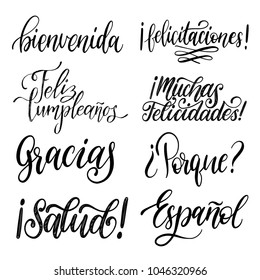 Bienvenida, Felicitaciones, Feliz Cumpleanos, Gracias, Saludo translated from Spanish handwritten phrases Welcome, Happy Birthday, Thank You etc. Vector calligraphy set on white background.