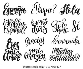 Bienvenida, Hola, Feliz Cumpleanos, Gracias, Espana translated from Spanish handwritten phrases Welcome, Hello, Happy Birthday, Thank You, Spain etc. Vector calligraphy set on white background.