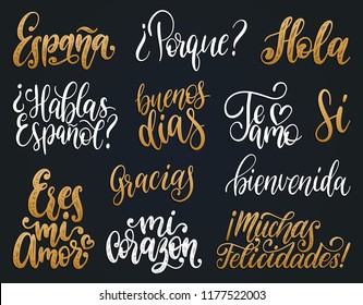 Bienvenida, Hola, Feliz Cumpleanos, Gracias, Espana translated from Spanish handwritten phrases Welcome, Hello, Happy Birthday, Thank You, Spain etc. Vector calligraphy set on black background.