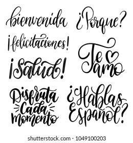 Bienvenida, Porque, Felicitaciones, Te Amo translated from Spanish handwritten phrases Welcome, Speak Spanish, Congratulations, I  love You , Why etc. Vector calligraphy set on white background.