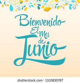 Bienvenido el mes de Junio, Welcome June spanish text, vector lettering message.