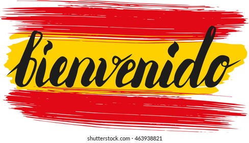 "Bienvenido" - welcome in Spanish on Spanish flag background made of brush strokes.